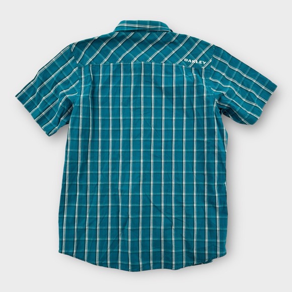 Oakley Shirt Mens Medium Embroidered Logo Blue Button Up Collared Short Sleeve - Picture 3 of 7